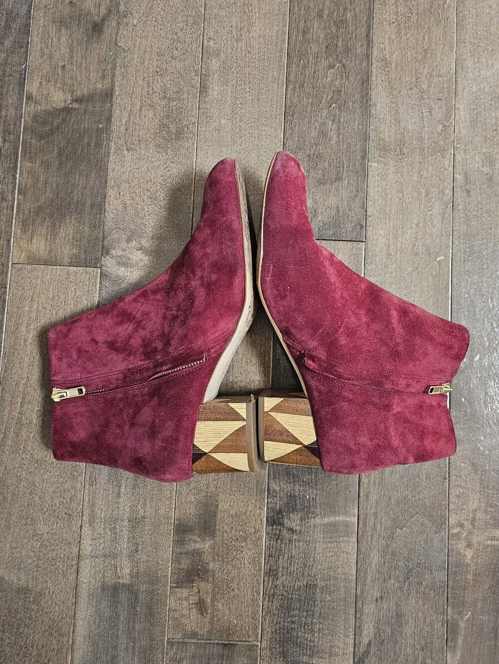 Anthropologie Alba Burgundy Suede Geometric Wood Block Heel Ankle Boots 9.5